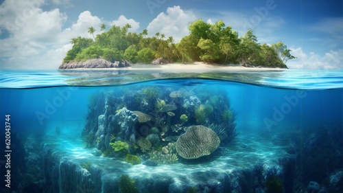 Tropical island in the sea and water line with beautiful corals and plants and algae underwater. AI generated