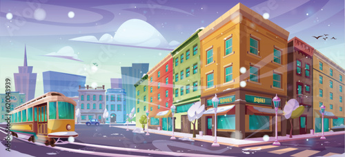 Winter city street with retro tram. Vector cartoon illustration of snowy weather in old European downtown, bookstore on corner, vintage lanterns and trees on pavement, modern architecture on horizon