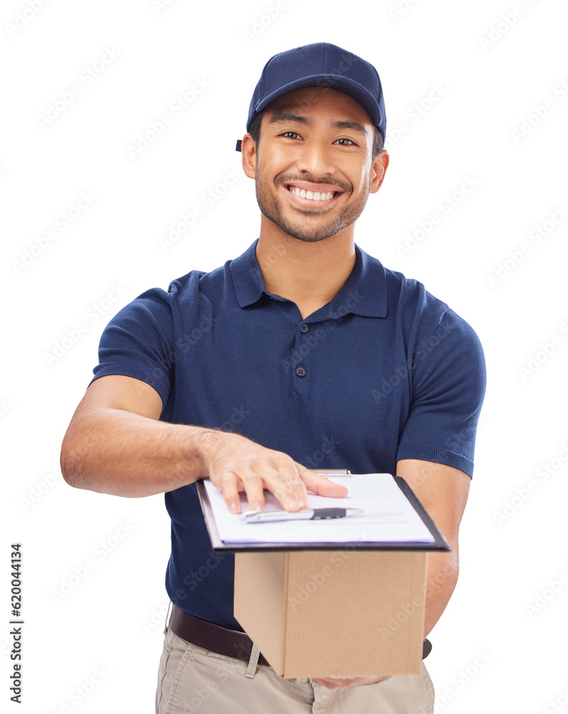 Clipboard, sign and portrait of delivery man with box, invoice and ecommerce shipping package. Checklist, smile and male courier employee with cardboard parcel isolated by transparent png background. Clipboard, sign and portrait of delivery man with box, invoice and ecommerce shipping package. Checklist, smile and male courier employee with cardboard parcel isolated by transparent png background.