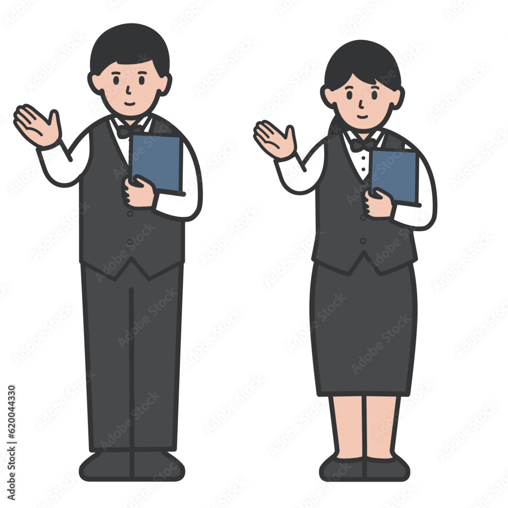 メニューを持って案内する店員男女の全身イラスト
メニューを持って案内する店員男女の全身イラスト