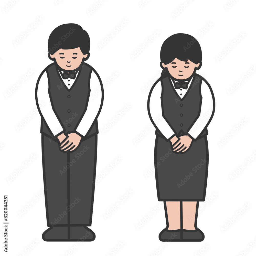 お辞儀する店員男女の全身イラスト
お辞儀する店員男女の全身イラスト