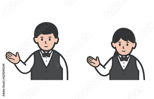 案内する店員男女の上半身イラスト
