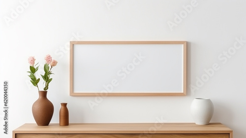 blank wooden frame on white wall with wooden cabinet and ceramic vase decoration. generative AI