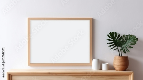 blank wooden frame on white wall with wooden cabinet and ceramic vase decoration. generative AI