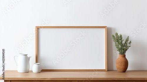 blank wooden canvas frame on white wall with wooden cabinet and ceramic vase decoration. generative AI