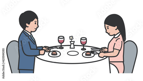 レストランで食事をする男女のイラスト