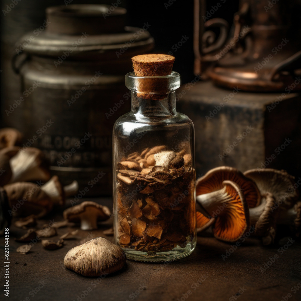 Mushroom bitters, in glass jar close up. Created using generative Al tools. Mushroom bitters, in glass jar close up. Created using generative Al tools.