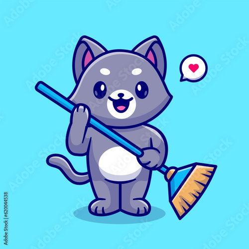 Cute Cat Holding Broom Cartoon Vector Icon Illustration.
Animal Nature Icon Concept Isolated Premium Vector. Flat
Cartoon Style photo