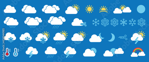 Weather forecast icon set, Weather flat icons collection. Meteorology symbols vector illustration.