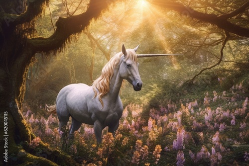 A unicorn, Beautiful unicorn in a magical forest magic. Generative Ai © tong2530