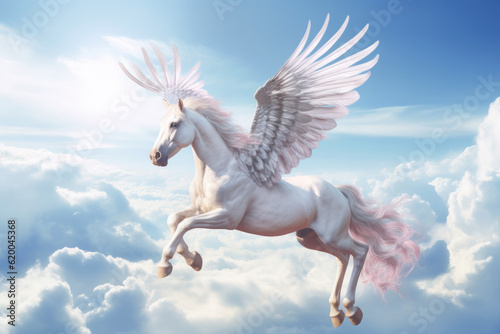 A unicorn, Majestic Pegasus horse flying high above the clouds. Flight of the Pegasus. Generative Ai © tong2530