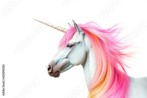 Pink unicorn head with rainbow mane and horn isolated on white background. Generative Ai