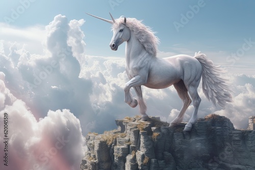 A unicorn  White pegasus unicorn in a cliff high above the clouds. Generative Ai
