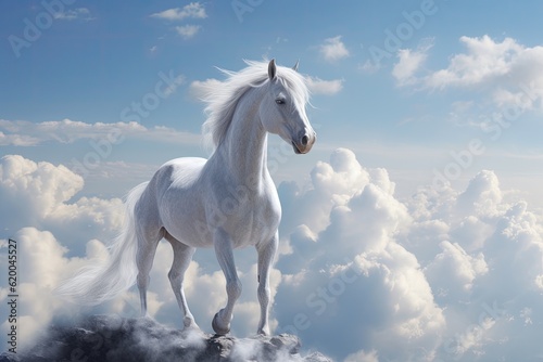 A unicorn, White pegasus unicorn in a cliff high above the clouds. Generative Ai