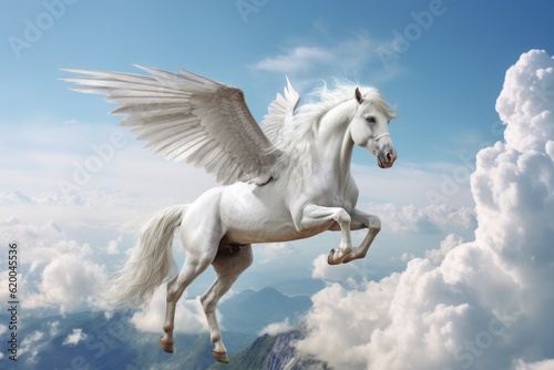 A unicorn  Majestic Pegasus horse flying high above the clouds. Flight of the Pegasus. Generative Ai