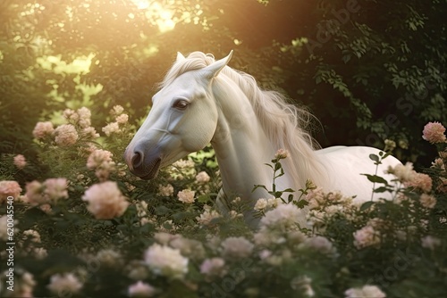A unicorn  White Unicorn running in dreams flowers. Generative Ai