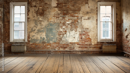 Rustic Elegance  Empty Room Old Wall with a Loft Feel  Large Windows and Wood Floor  Generative AI