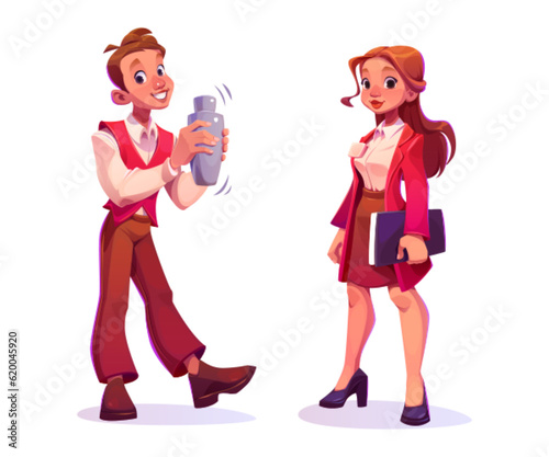 Male barman and female restaurant administrator isolated on white background. Vector cartoon illustration of bartender making cocktail, hotel manager with notebook in hand, hospitality business staff