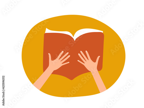 Reading book. Human hands holding open Book doodle style. Color doodle sketch. Learning and education sign. Vector illustration for World book day, book festival, education, culture festival, library.