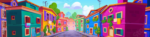 Old Italian town street with colorful houses. Vector cartoon illustration of traditional European street perspective with stone paved road, laundry on balconies decorated with flowers, sunny day
