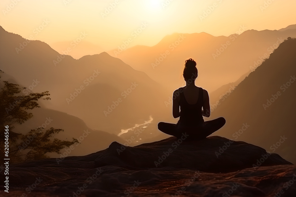 Silhouette of woman doing yoga exercise on the mountain during sunset. Concept of yoga, fitness and a healthy lifestyle.