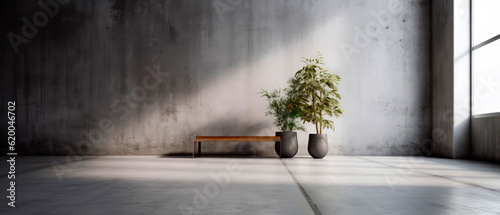 Empty concrete room  apartment with evergreen foliage. Warm Overlay shadow light effect. Vacation  relax  wellness spa resort  hotel background.Loft Interior design mockup. Generative ai