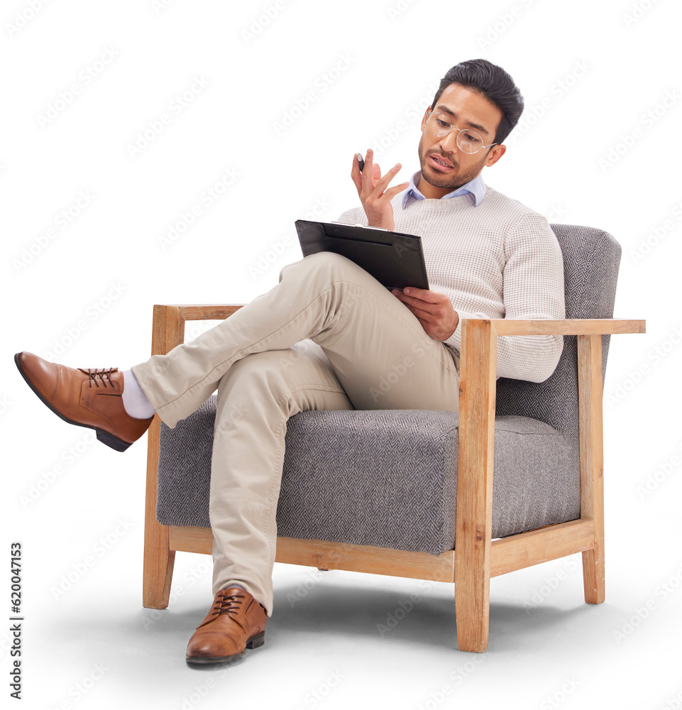Clipboard, medical and man psychologist on a chair with therapy notes, checklist and review. Psychology, professional and young male therapist relax on armchair isolated by transparent png background Clipboard, medical and man psychologist on a chair with therapy notes, checklist and review. Psychology, professional and young male therapist relax on armchair isolated by transparent png background