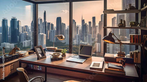 a home office setup with modern laptop and wooden table, window view offering city skyline. Modern interior design