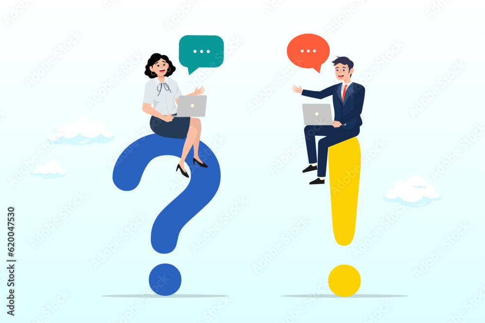Businessman and woman ask and answer questions, Question and answer, Q&A session, FAQ, frequently asked questions, discussion to get solution to solve problem, brainstorm conversation or quiz (Vector) Businessman and woman ask and answer questions, Question and answer, Q&A session, FAQ, frequently asked questions, discussion to get solution to solve problem, brainstorm conversation or quiz (Vector)