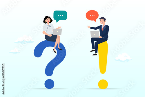 Businessman and woman ask and answer questions, Question and answer, Q&A session, FAQ, frequently asked questions, discussion to get solution to solve problem, brainstorm conversation or quiz (Vector)