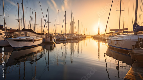 Rows of neatly docked boats reflecting on the calm water. Early morning scene at marina