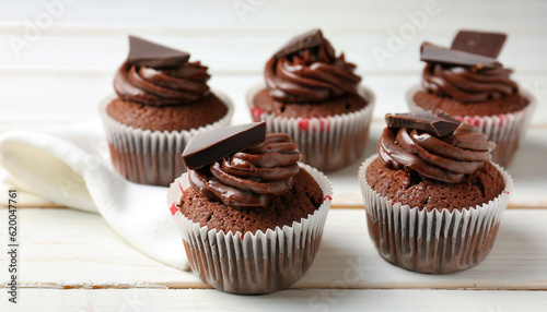 Tasty chocolate cupcakes on white wooden table