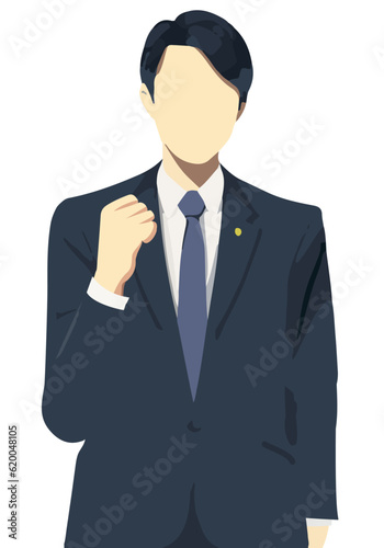 ガッツポーズの青いスーツの男性弁護士スタイリッシュイラスト（顔無し）