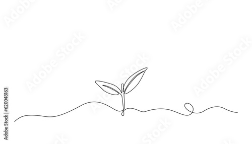 Growing sprout. One continuous single line drawing of plant leaf, seedling growth lineart sketch. Abstract vector illustration