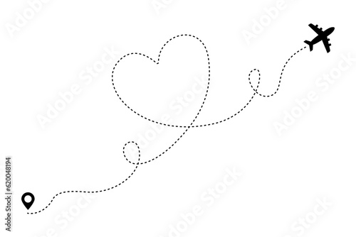 Love airplane route. Heart shaped dash line trace with flight routes, plane path romantic travel concept. Vector illustration