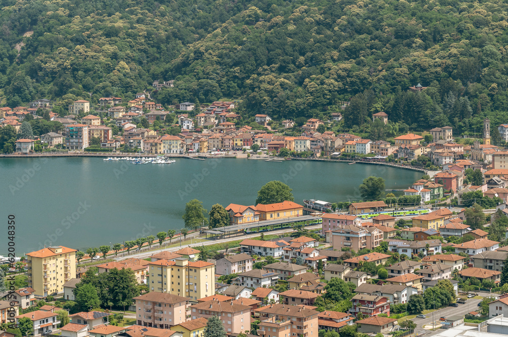 Aerial view of the center of Porto Ceresio, Varese, Italy