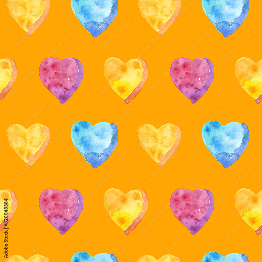 Seamless pattern of watercolor pink, yellow and blue hearts. Hand drawn illustration. Hand painted elements on orange background.