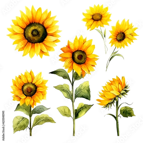 Fototapeta Naklejka Na Ścianę i Meble -  Set of cute sunflower watecolor. flowers and leaves. Floral poster, invitation floral. Vector arrangements for greeting card or invitation design	