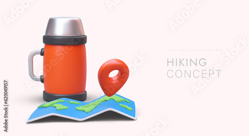 Concept for hiking tourism with 3D illustration. Large red thermos with metal lid cup, world map. Time to travel. Vector banner in positive cartoon style