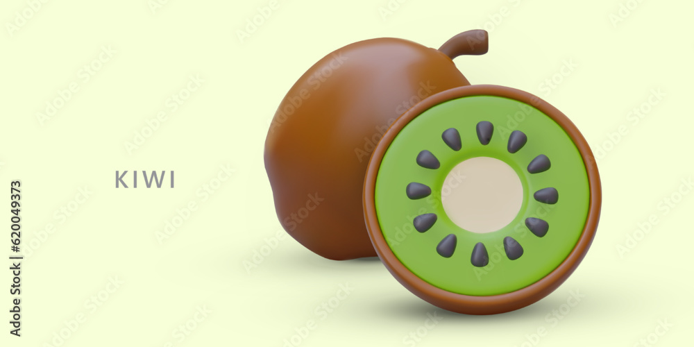3D ripe kiwi whole and cut in half. Sweet and sour tropical fruit. Vector poster in cartoon style. Concept of healthy eating. Natural vegetarian ingredient 3D ripe kiwi whole and cut in half. Sweet and sour tropical fruit. Vector poster in cartoon style. Concept of healthy eating. Natural vegetarian ingredient