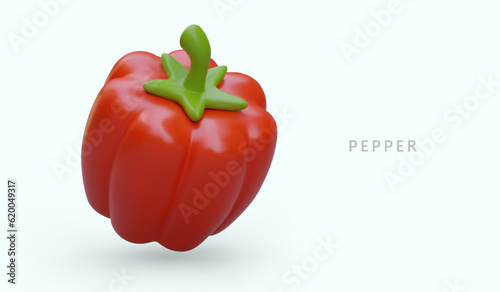 3D red bell pepper. Paprika with green stem on colored background. Useful vitamin vegetable. Cute capsicum, ripe sweet pepper. Banner with text in cartoon style