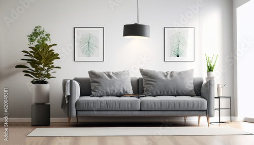 Interior of light living room with grey sofa, standard lamp and houseplant