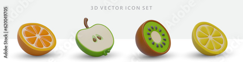 Set of 3D fruit icons in cartoon style. Ripe fruits, cut in half. Collection of natural vitamin products. Isolated vector orange, apple, kiwi, lemon. Game icons. Color images with shadows