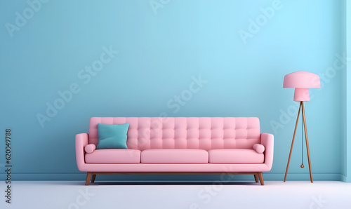red sofa in a room with a background