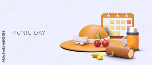 Picnic day. Poster in plasticine style. Women sun hat, cherries, log, large calendar, thermos, banana. Healthy rest, natural food, pleasant leisure in open air. Template with text