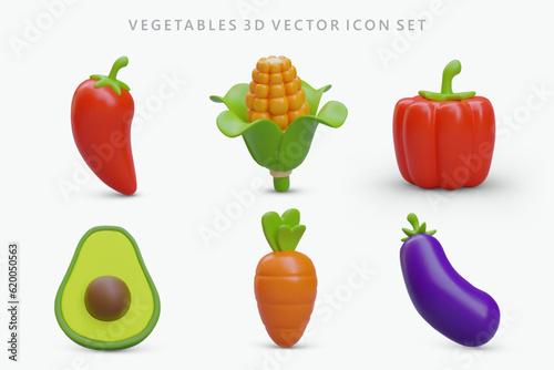 Set of 3D vegetable icons. Colored vector elements with shadows. Chili, corn, paprika, avocado, carrot, eggplant. Objects for illustrating educational apps, culinary sites, vegetarian resources