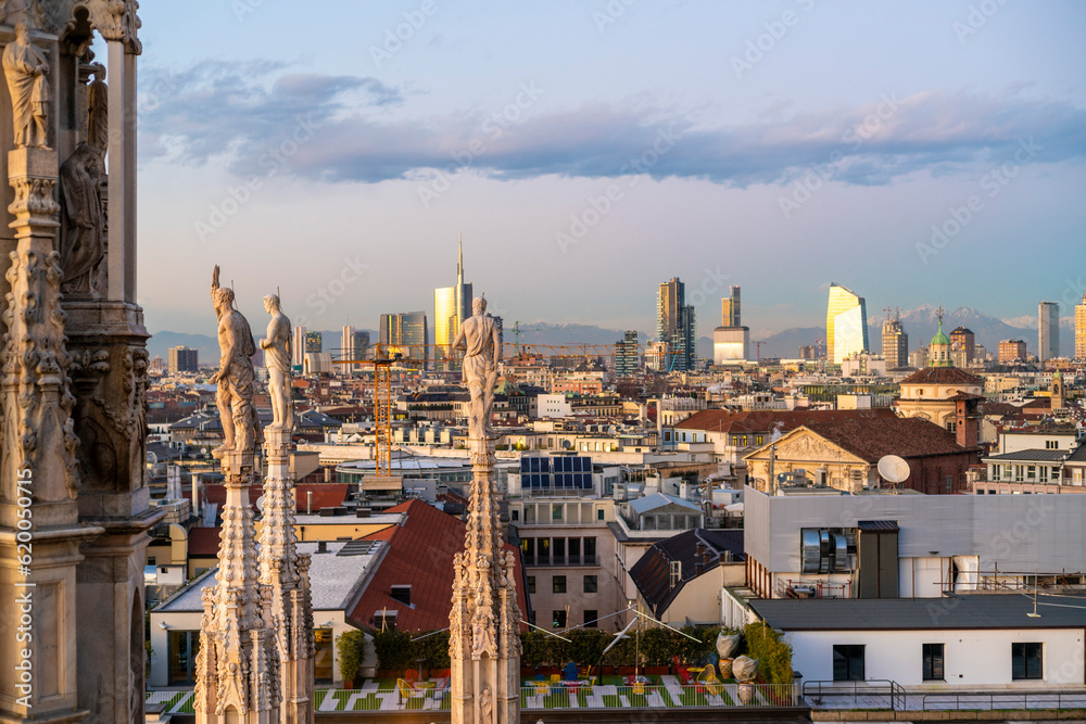 View of the skyline of Milan with Dome statues, Milan, Italy