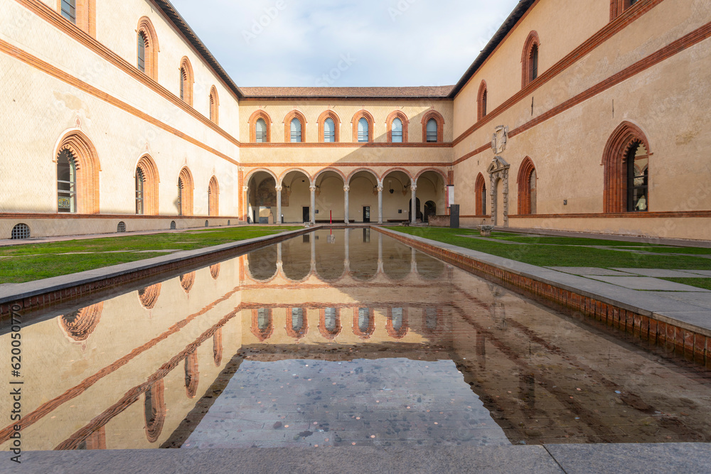 Courtyard of Pinacoteca Castello Sforzesco castle in Milan