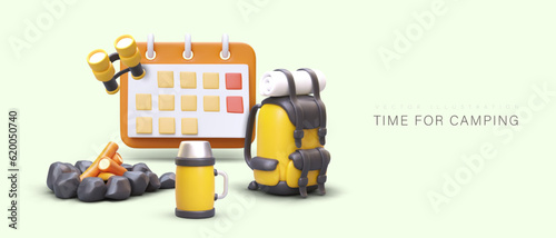 Time for camping. Planning trip, organized gatherings. 3D flip calendar, backpack, thermos, binoculars, fireplace. Things necessary for recreation in wild nature