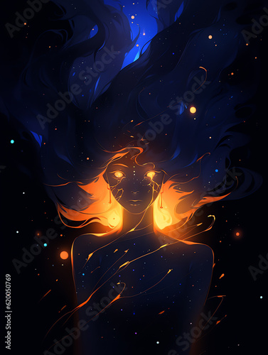 Digital Illustration of A girl on Black Outer Space and Stars Background